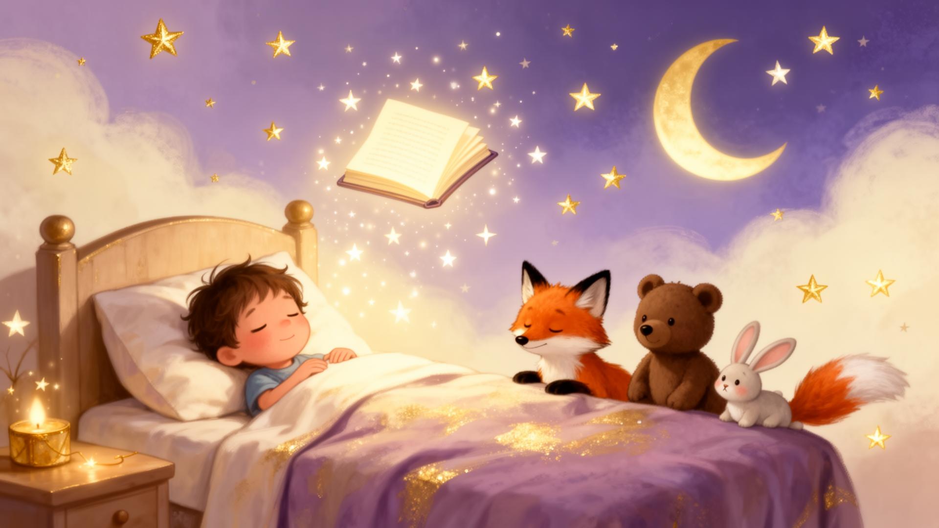 Een kind slaapt vredig terwijl een magisch verhaaltjesboek boven het bed zweeft, omringd door een vosje, beertje en konijntje onder een sterrenhemel